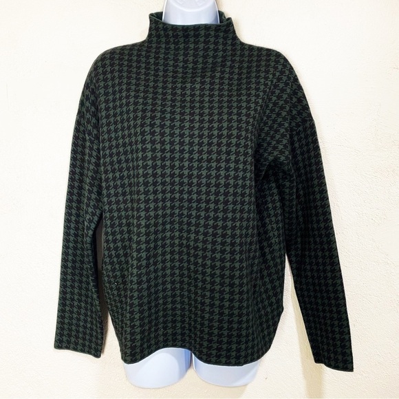 TAHARI Houndstooth Mock Neck Sweater Soft Deep Green Black Holiday Winter Work L - Picture 1 of 5